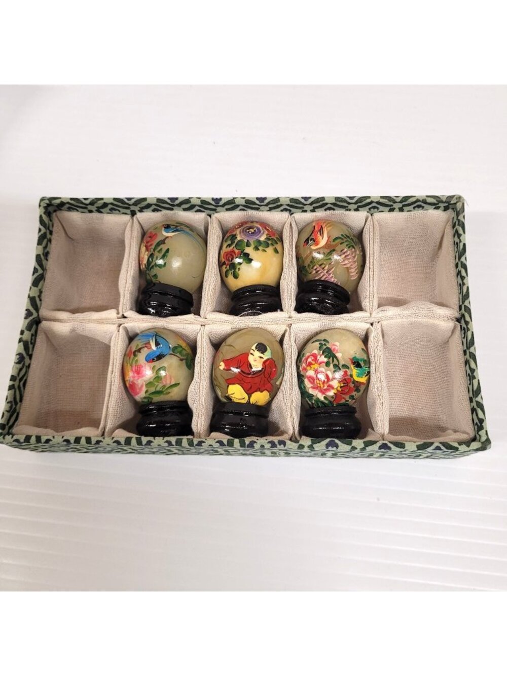 Vintage Miniature Jade Eggs in Box Set 6 Hand Painted Birds & Flowers Stand Box